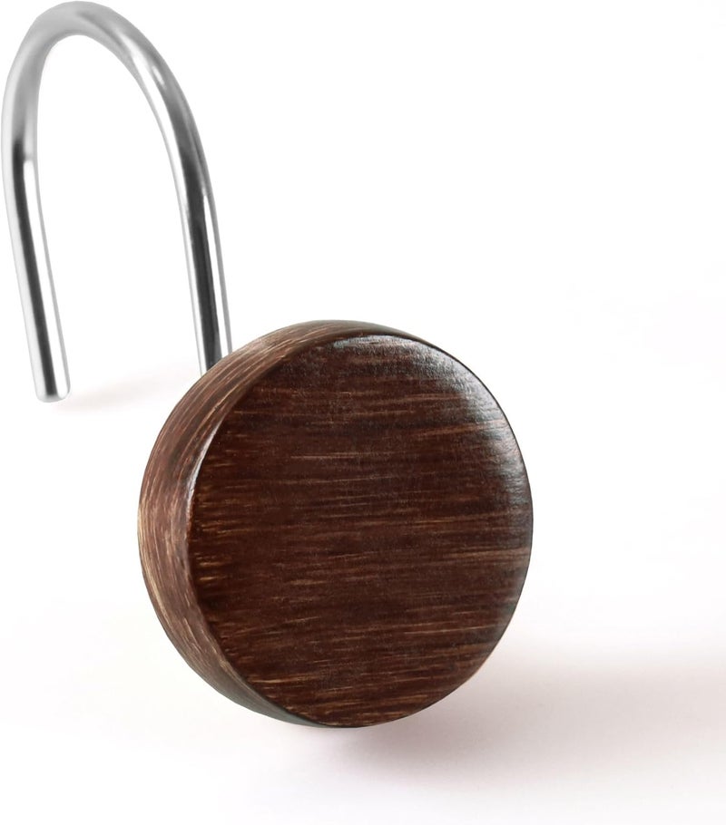 Popkozzi Farmhouse Boho Shower Curtain Hooks: Rustic Wood Textured Resin Button Hooks Stainless Steel Rings - Decorative Fall Winter Christmas Bathroom Accessories for Western Vintage & Nature-Inspired Décor - Image 1